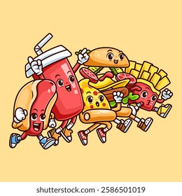 Cute Group Fast Food Character Playing Together Cartoon Vector Icon Illustration. Food Object Icon Concept Isolated Premium Vector. Flat Cartoon Style