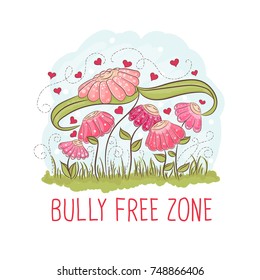 cute group of flowers and bully free zone message, vector illustration
