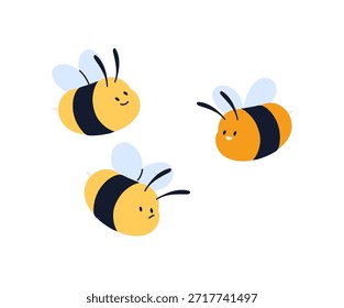 Um belo grupo de abelhas voadoras. Abelhas de mel listradas felizes voam juntas. Abelhas engraçadas colhendo mel no apiário. Conceito de apicultura. Ilustração de vetor isolado plano sobre fundo branco