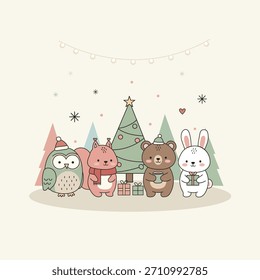 Grupo bonito de quatro animais de desenho animado da floresta (coruja, esquilo, urso e coelho) celebrando o Natal juntos ao lado de uma árvore de Natal decorada com presentes. Ilustração vetorial amigável para férias.