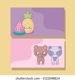 cute group of fruits and animals baby style kawaii. vector illustration design