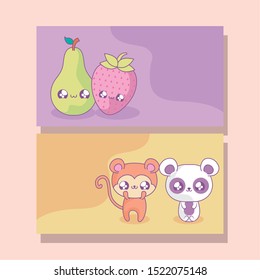 cute group of fruits and animals baby style kawaii vector illustration design