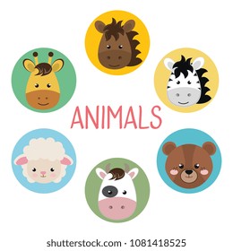 cute group head animals characters