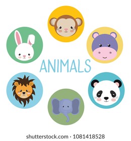cute group head animals characters