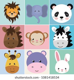 cute group head animals characters
