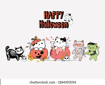 cute group of kitten cat Halloween costume party, doodle cartoon illustration, set of Halloween cat