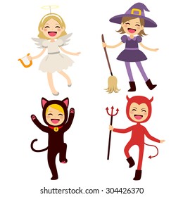 Cute group of little cheerful children with different Halloween costumes