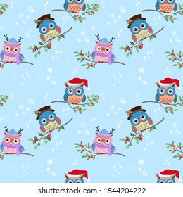 Cute group of owl with Christmas hat on blue background with snow pattern.