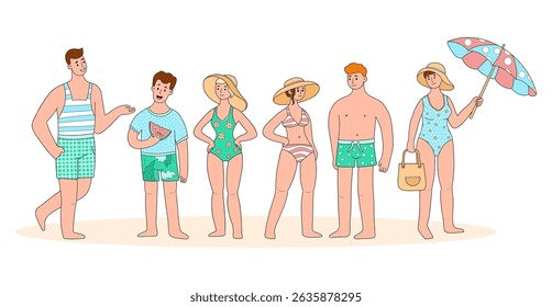 Cute Group of People Beach. Women in Swimsuits and with umbrella from sun and men in shorts and swimming trunks. Isolated male and female Character on summer vacation. Vector illustration