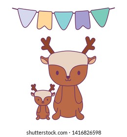 cute group of reindeer animals with garlands party hanging
