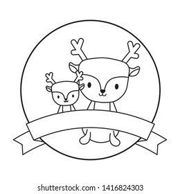 cute group of reindeer in frame circular with ribbon