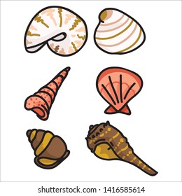 Cute group of shell fish cartoon vector illustration motif set. Hand drawn isolated marine life elements. Clipart for ocean text blog, mollusk graphic, nautilus web buttons. 