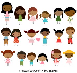 Cute group of stick figures kids - boys and girls with dark skin