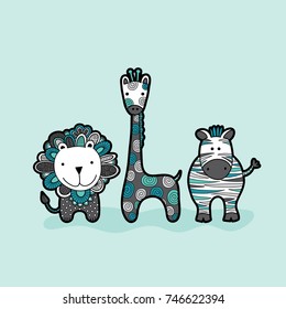 Cute group of wild animal friends for newborn or birthday celebrations, invitations and parties on an green background.