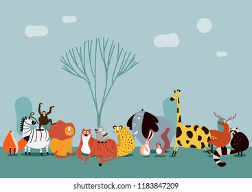 Cute group of wild animals vector