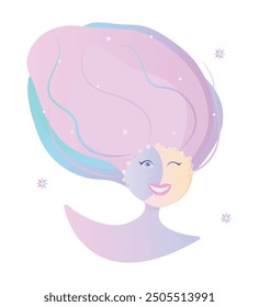 Cute growing, waxing moon in female guise, woman face, head with long hair, vector colorful gradient illustration