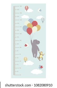 Cute growth height chart. Metric system measuring tape. Flying balloons, hot air balloon, clouds. Funny animals. Hippo, monkey, birds illustration.