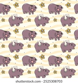 Cute Grumpy baby hippo bouncy pig seamless pattern cartoon character isolated on background