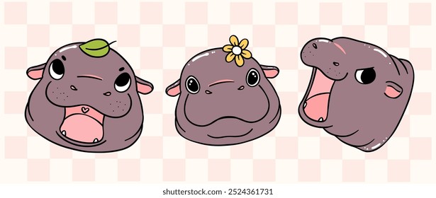 bonito grumpy bebê pigmeu hipopótamo moo deng face banner cartoon coleção de personagens