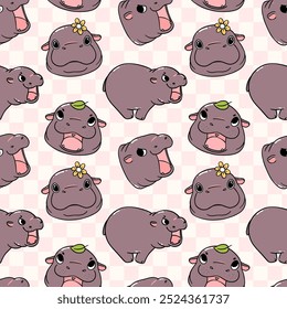 cute grumpy baby pygmy hippo moo deng cartoon seamless pattern isolated on background