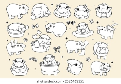 Cute Grumpy Baby Pygmy Hippo Playful Bouncy Pig coloring image Cartoon Hand Drawn Doodle colouring page Sheet