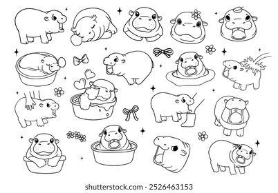 Lindo Grumpy Bebé Pygmy Hippo Juguetón Bouncy Pig contorno audaz alineado de dibujos animados Dibujado a mano Doodle colección