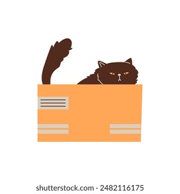 Cute grumpy black cat playing and sitting inside in cardboard box vector flat illustration. Funny hiding kitten, looking out. Cartoon fluffy domestic animal in box, feline cat pet isolated