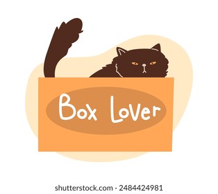 Cute grumpy black cat playing and sitting inside in cardboard box with inscription Box lover vector flat illustration. Cartoon funny hiding fluffy kitten looking out. Domestic feline animal pet in box