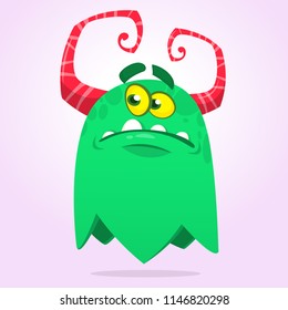 Cute grumpy cartoon monster. Vector illustration of monster upset sad emotion