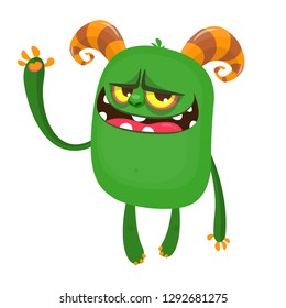 Cute and grumpy cartoon monster waving. Vector illustration of green monster