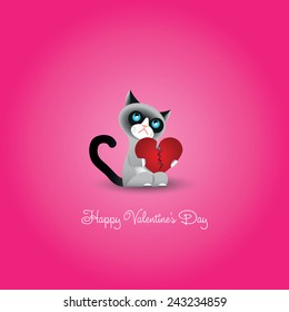 Cute grumpy cat with big broken heart and inscription "Happy Valentines Day"