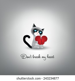 Cute grumpy cat with big broken heart and inscription "Don't break my heart"
