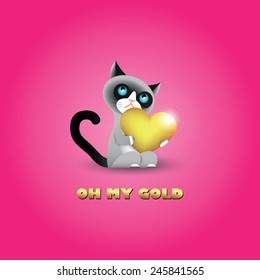 Cute grumpy cat with big golden heart and inscription "Oh my gold"