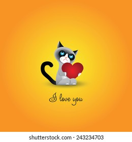 Cute grumpy cat with big heart and inscription "I love you"