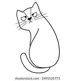 Gato gruñón lindo en blanco y negro. Divertido personaje felino elemento aislado en el contorno. Ideal para colorear páginas, impresiones y tarjetas. Ilustración vectorial