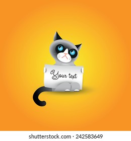 Cute grumpy cat with blank paper for your text
