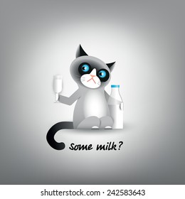 Cute grumpy cat with glass and bottle of milk