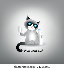 Cute grumpy cat with glass and bottle of milk