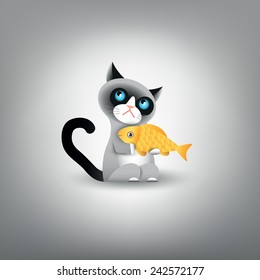 Cute grumpy cat with gold fish