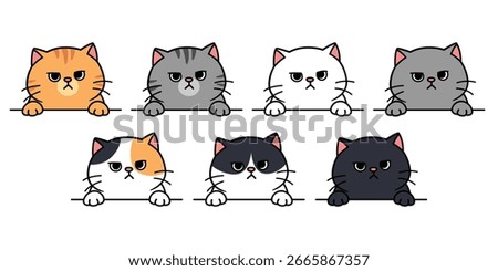 Cute grumpy cat peeking over a ledge collection, vector illustration