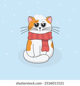 Cute grumpy cat in a red striped scarf sits against the background of falling snow. Winter season cartoon vector illustration.