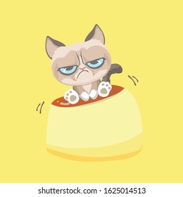 Cute grumpy cat sitting on pudding.
