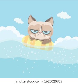 Cute grumpy cat swimming on Beach.