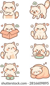 Cute grumpy fluffy white cat cartoon character set in pastel colors. Flat vector illustration bundle featuring cute expressions, sleeping under blanket, sitting in a box, eating food, and playful mood icons.