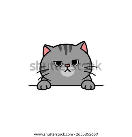 Cute grumpy gray tabby cat peeking over a ledge, vector illustration