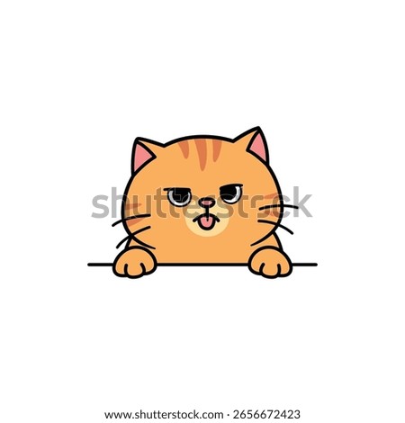 Cute grumpy orange cat tongue out and peeking over a ledge, vector illustration