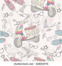 Cute Grunge Abstract Pattern. Seamless Pattern With Shoes, Retro Scooter, Glasses, Stars, Thunders And Birds. Fun Pattern For Children Or Teenagers.
