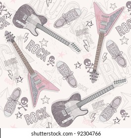 Cute Grunge Abstract Pattern. Seamless Pattern With Guitars, Shoes, Skulls, Text And Stars. Fun Pattern For Children Or Teenagers. Pattern With Punk Or Rock Music Elements.
