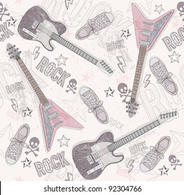 Cute grunge abstract pattern. Seamless pattern with guitars, shoes, skulls, text and stars. Fun pattern for children or teenagers. Pattern with punk or rock music elements.