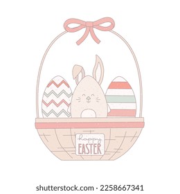 Cute grunge easter basket with bunny, eggs. Vector illustration for greeting, banner, card.